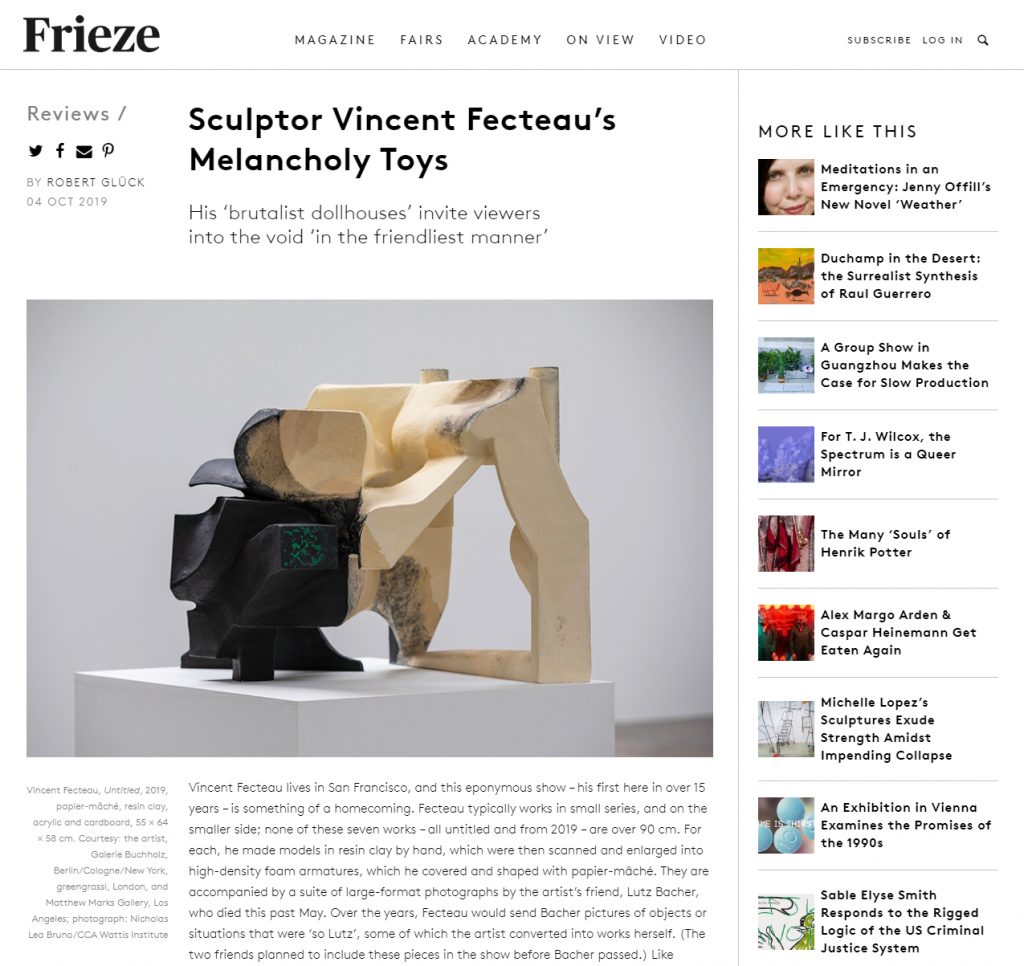 Frieze Magazine exhibition review of Vincent Fecteau at CCA Wattis Institute.